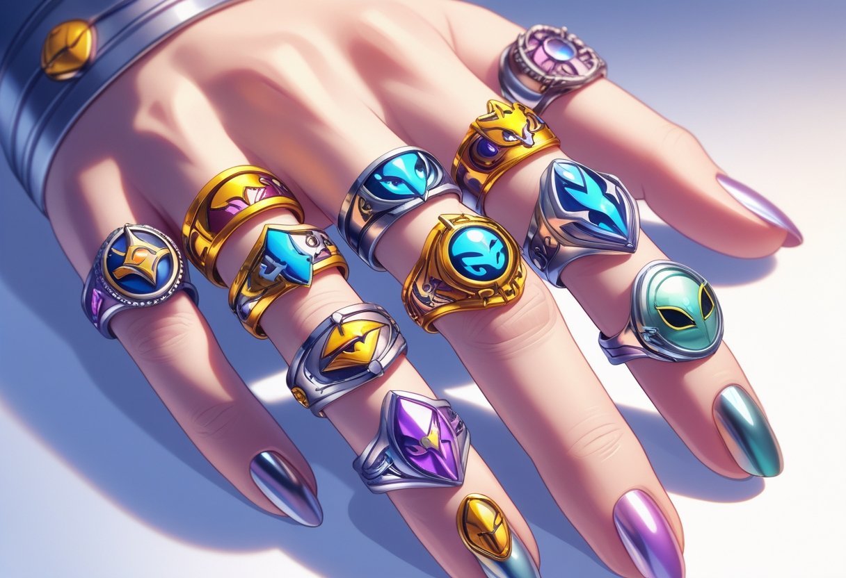 Une main portant plusieurs bagues détaillées sur un fond simple.