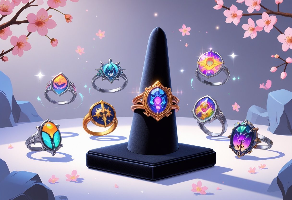 Une collection de bagues aux designs inspirés d’anime présentées sur un support noir, entourée de décorations délicates comme des fleurs de cerisier et des éclats lumineux.