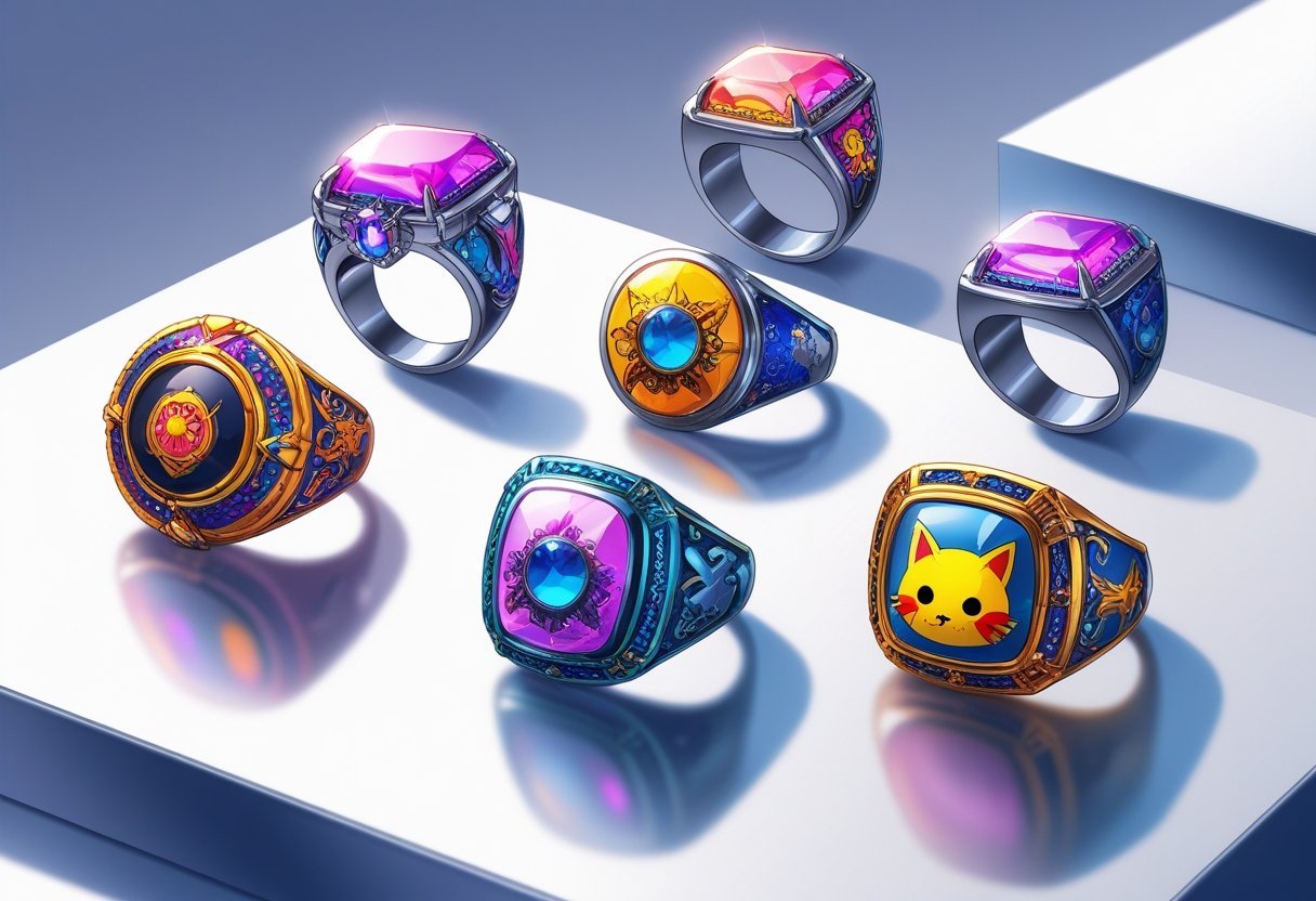 Une collection de bagues élégamment disposées sur une surface moderne, mettant en valeur leurs détails et couleurs vives.